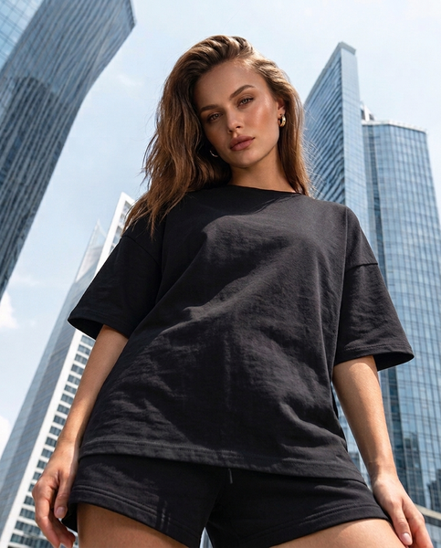 (90% бавовна) Жіночий літній костюм oversize Nordic з футболкою та шортами чорний (В2), XS-S 438 фото